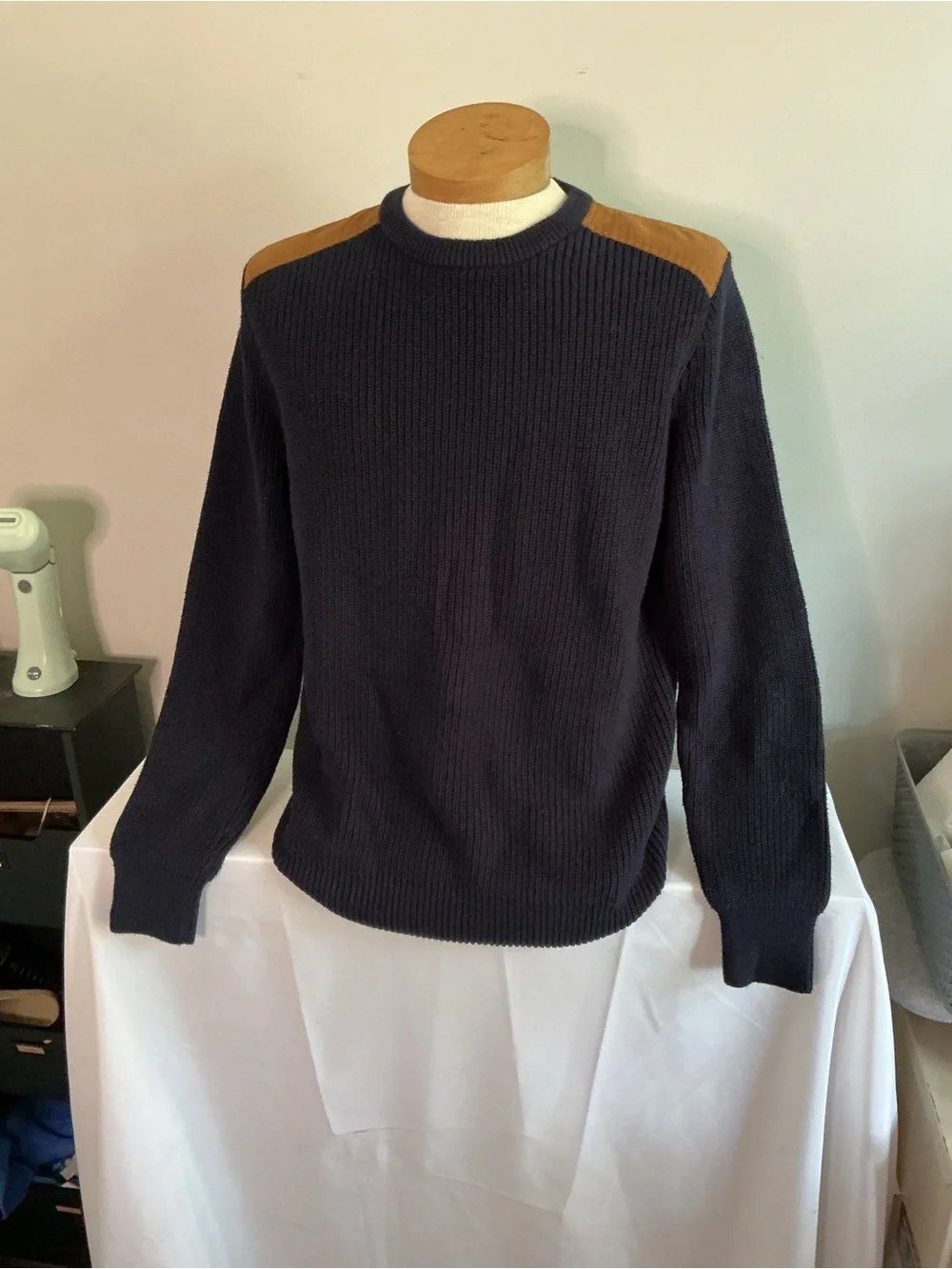 J. Crew Woodsman Navy Crewneck Sweater with Tan Shoulder Patches